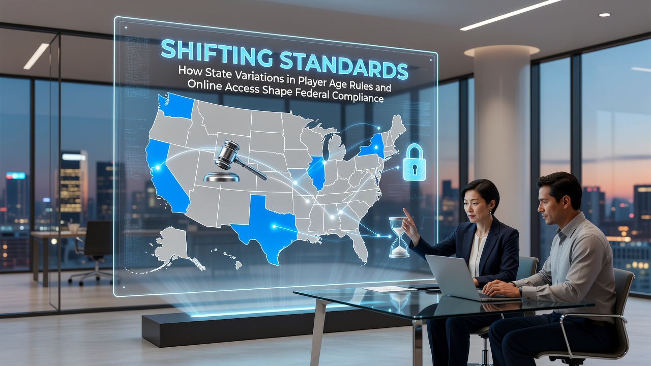 Gaming compliance team reviewing state regulatory updates and age verification protocols on multiple screens