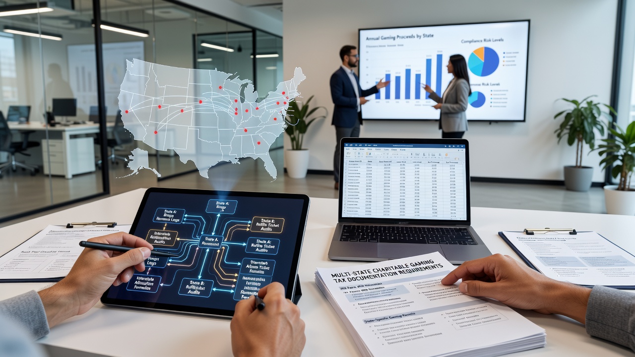 Multi-state charitable gaming tax filing dashboard showing documentation tracking across jurisdictions